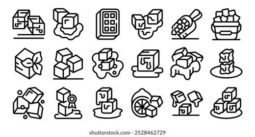 Ícones de coquetel de cubo de gelo definidos. Conjunto de ícones mostrando cubos de gelo em vários estados, incluindo cubos de gelo derretendo e bandejas de cubos de gelo