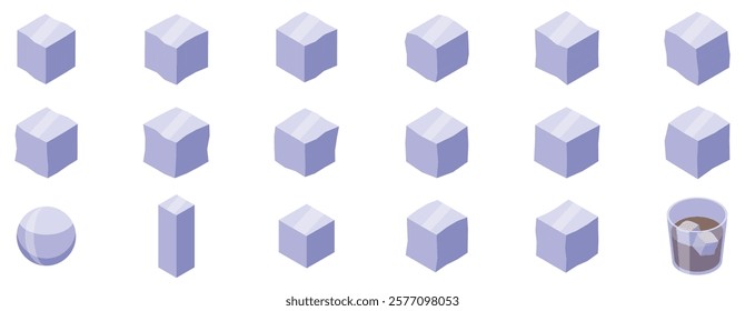  Ice cube cocktail icons set. Set of sixteen isometric ice cubes rotating and a glass with iced coffee, perfect for explaining animation concepts