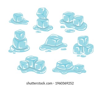 Ice cube comic cartoon illustration vector, cold transparent freeze melt, set
