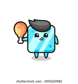 ice cube cute mascot is eating a fried chicken , cute style design for t shirt, sticker, logo element