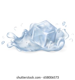 Ice cube drops in clear water maing big splash that spreads drops all over isolated vector illustration on white background.