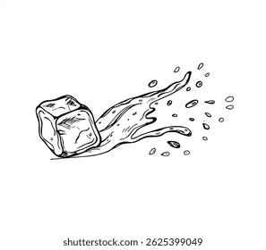 Ice cube with energetic splash and water droplets dynamic black and white vector illustration. Frozen water or juice graphic sketch beverage branding, cocktail menus and refreshing summer decor.