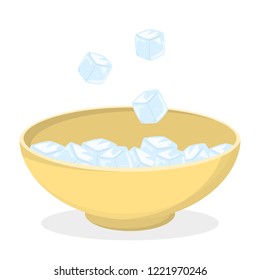 Ice cube falling in bowl. Cold blue transparent element made of water. Ice texture. Isolated flat vector illustration