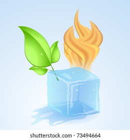 Ice cube with fire and green young leaf. Vector illustration.