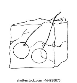 Ice cube frozen cherries. Hand drawn vector stock illustration. Black and white whiteboard drawing.