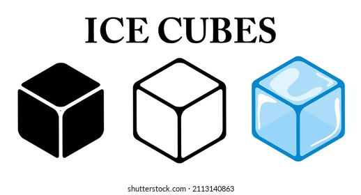 Ice Cube Icon Collection. Cartoon Silhouette And Outline Design. Simple Vector Illustration Isolated On White Background.