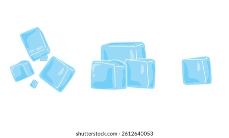 Ice cube icons vector illustration. Many ice cubes in air. Transparent crystal clear ice cube. Full depth of field on a falling ice cube, isolated on a white background
