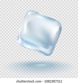 Ice cube isolated on transparent background. Realistic freeze water icon. Vector blue block template.