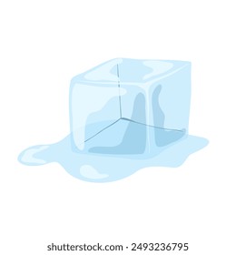 Cubo de hielo aislado sobre fondo blanco. Cubo de cristal de hielo azul fundido. Ilustración vectorial dibujada a mano de dibujos animados. Agua congelada transparente para cóctel, bebida, limonada para enfriamiento.