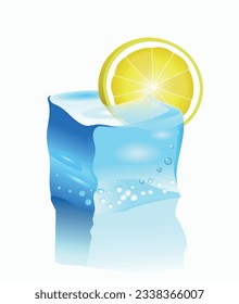 Cubo de hielo con limón sobre fondo blanco. Ilustración del vector