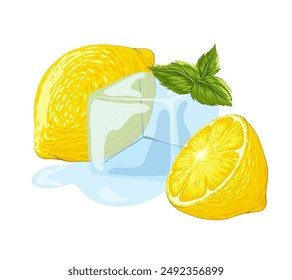Cubo de hielo con limones. Cubo derretido de cristal de hielo con rodaja de limón y menta. Ilustración vectorial dibujada a mano de dibujos animados. Agua congelada transparente realista para cócteles y bebidas para enfriamiento.