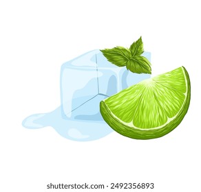Cubo de hielo con cal. Cubo de hielo derretido, hojas de menta, rodaja de cal. Ilustración vectorial dibujada a mano de dibujos animados. Agua congelada transparente para alcohol y bebidas para enfriamiento. Cóctel de mojito. Fondo blanco.