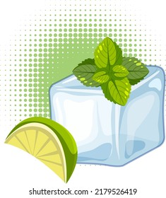 Ice cube with lime sliced and mint leaf illustration