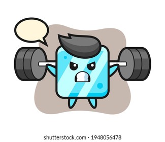 Ice cube mascot cartoon with a barbell, cute style design for t shirt, sticker, logo element