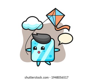 Ice cube mascot illustration is playing kite, cute style design for t shirt, sticker, logo element