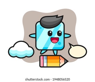 Ice cube mascot illustration riding on a giant pencil, cute style design for t shirt, sticker, logo element