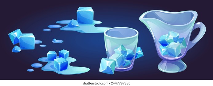 Ice cube melt in water cartoon icon illustration. Glass container for frozen square icecube clipart set. Cold jug and cup with melting liquid puddle element. Science experiment with freezing piece