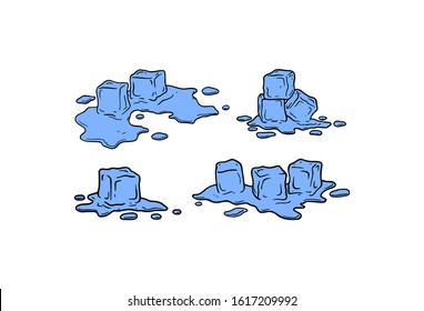 Ice cube melting under the warm weather and temperature, simple silhouette hand drawn illustration. Cold block bricks in the warm room set, original drawing collection.