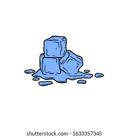 Ice cube melting with water drops simple logo illustration. Cold solid liquid frozen in a square shape cartoon sketch drawing. Drink refreshing object hand drawn decoration.