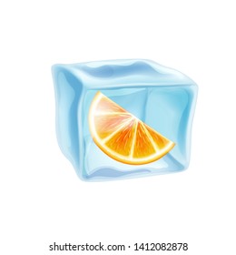 Ice cube with orange slice, vector illustration, icon.