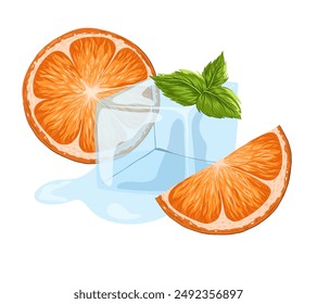 Eiswürfel mit Orangen. Eiskristall geschmolzener Würfel mit orangefarbener Scheibe und Pfefferminze. Cartoon handgezeichnete Vektorillustration. Transparentes Gefrierwasser für Cocktails und Kühlgetränke.