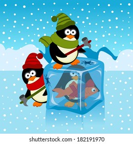 ice cube with penguin - vector illustration