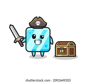 el personaje pirata del cubo de hielo sostiene la espada al lado de una caja del tesoro , diseño de estilo lindo para camiseta, pegatina, elemento logo