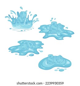 An ice cube in a puddle. Splashes, drops, melted ice. Vector set on a white background.