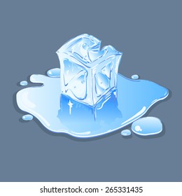 Ice cube in a puddle of water.