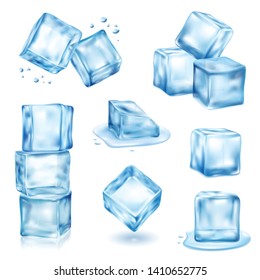 Ice cube solid and melting realistic set isolated vector illustration