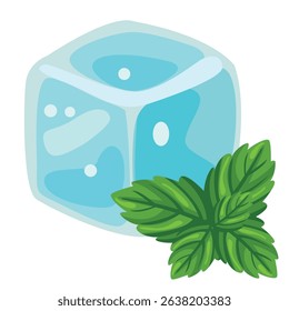 An ice cube and a sprig of mint on a transparent background. Ice and mint for drinks. Vector drawing in cartoon style.