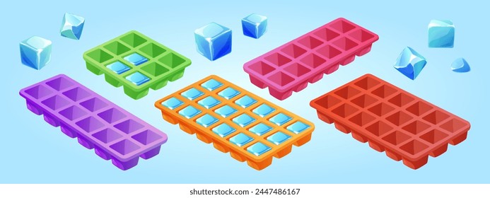 Eiswürfelschale. Gefrorenes Wasserschimmel-Symbol isoliert. Quadratischer Behälter für Küchenkühlschrank-Clipart. Isometrische Form zum Einfrieren von flüssigem Getränk. Eisstückpaket zur Kühlung der Grafikkarte