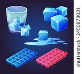 Ice cube tray vector. Melt water mold cartoon icon. Container for solid square icecube. Plastic block and frosty element for food or drink in summer. Isometric freezing form and puddle drawing set