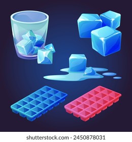 Ice cube tray vector. Melt water mold cartoon icon. Container for solid square icecube. Plastic block and frosty element for food or drink in summer. Isometric freezing form and puddle drawing set