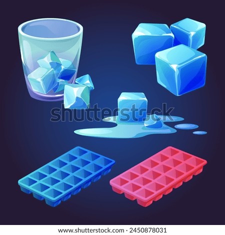 Ice cube tray vector. Melt water mold cartoon icon. Container for solid square icecube. Plastic block and frosty element for food or drink in summer. Isometric freezing form and puddle drawing set