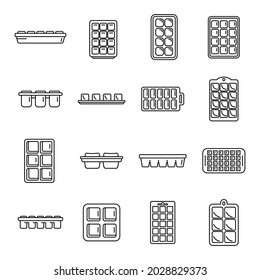 Ice cube trays icons set outline vector. Cool container. Kitchen freezer