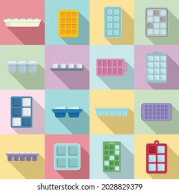 Ice cube trays icons set flat vector. Cool container. Kitchen freezer