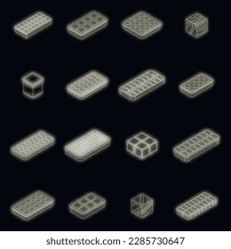 Ice cube trays icons set. Isometric set of ice cube trays vector icons neon color on black