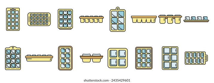 Ice cube trays icons set outline vector. Cool container. Kitchen freezer color line isolated