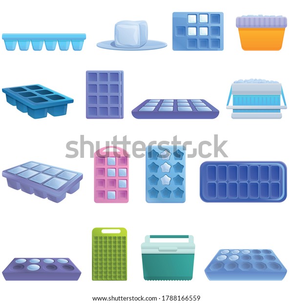 Ice cube trays icons set. Cartoon set of\
ice cube trays vector icons for web\
design