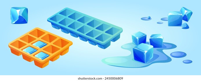 Ice cube trays set isolated on blue background. Vector cartoon illustration of frozen water mold, plastic or silicone square container for kitchen refrigerator, melting icicle pieces in liquid puddle