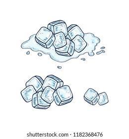 Hielo. Cubo, agua, charco. Esbozo. Establecer. Color.