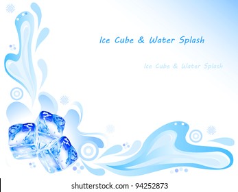 Ice cube and water splash with ornaments on blue background