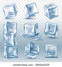 Cubos de hielo. Pieza de hielo 3d colección de varios ángulos, bloques de agua transparente congelada transparente para bebidas frías, pirámide de objetos acuáticos glaciales, enfriamiento de bebidas. Vector aislado en un fondo transparente