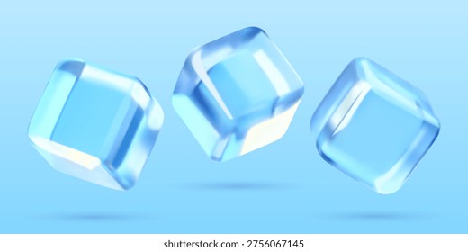 Ice cubes 3d realistic vector elements set. Blue abstract glass blocks three dimensional illustrations collection.