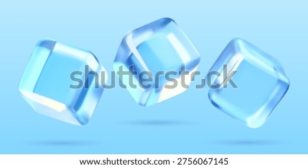 Ice cubes 3d realistic vector elements set. Blue abstract glass blocks three dimensional illustrations collection.
