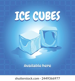 Ice cubes available here. Graphic design sell banner poster vector illustration isolated on square blue colored background.
