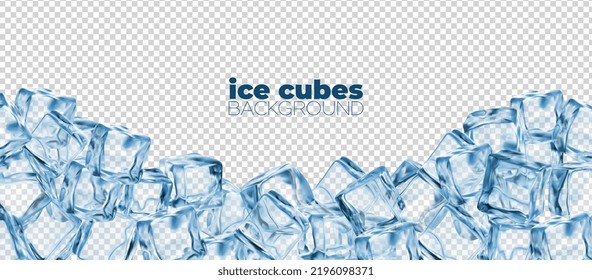 Ice Cubes Background, Crystal Ice Blocks. Realistic 3d Vector Blue Transparent Frozen Water Cubes, Glass Or Icy Solid Crystals. Template For Drink Ads With Clean Square Blocks