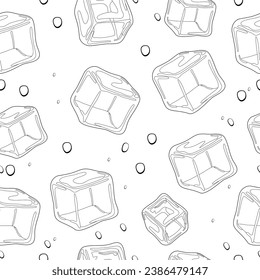 Ice cubes background. Seamless pattern. Black and white outline. Vector illustration.