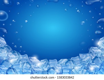 Ice cubes blue background. Realistic Ice transparent illustration ads template.